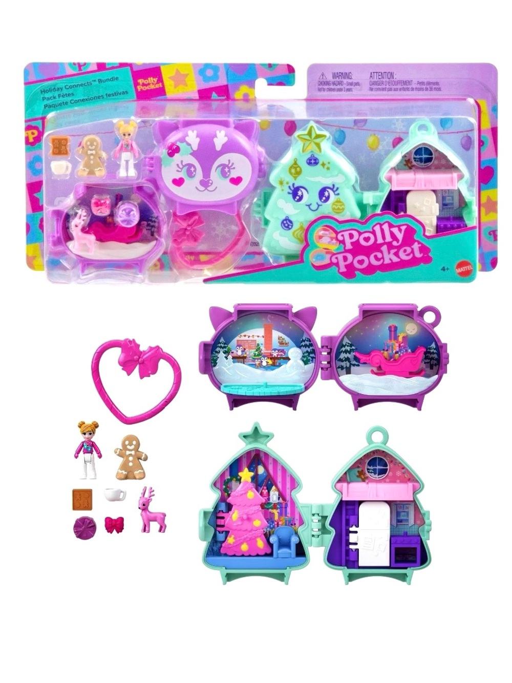 Polly Pocket Holiday Connects Christmas Tree & Reindeer Sleigh Playsets NEW